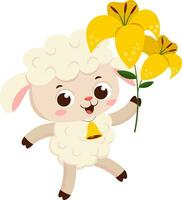 Cute Little Sheep Cartoon Character Walking And Holding A Flower. Vector Illustration Flat Design