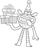 Outlined Funny Monster Cartoon Character With A Party Hat Holding Gift Boxes. Vector Hand Drawn Illustration