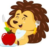 contento erizo dibujos animados personaje es mirando a un rojo manzana con un tenedor y cuchillo. vector ilustración plano diseño