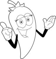 Outlined Happy Hot Chili Pepper Cartoon Character Pointing. Vector Hand Drawn Illustration