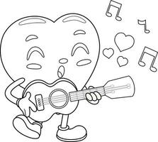 Outlined Cute Heart Retro Cartoon Character Playing A Guitar And Singing. Vector Hand Drawn Illustration