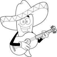 Outlined Mexican Hot Chili Pepper Cartoon Character Singing With A Guitar. Vector Hand Drawn Illustration