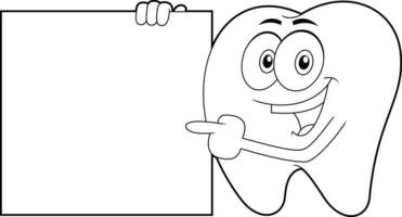 Outlined Happy Tooth Cartoon Character Pointing To Blank Sign. Vector Hand Drawn Illustration