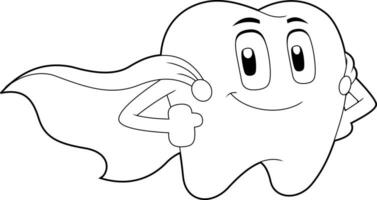 Outlined Cute Superhero Tooth Cartoon Character. Vector Hand Drawn Illustration