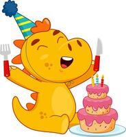 Happy Dinosaur Cartoon Character Is Looking At A Birthday Cake With A Fork And Knife. Vector Illustration