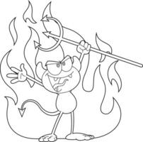 Outlined Angry Little Devil Cartoon Character Holding A Pitchfork Over Flames. Vector Hand Drawn Illustration
