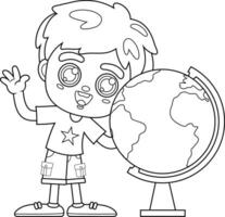 Outlined Happy School Boy Cartoon Character Showing The Globe. Vector Hand Drawn Illustration