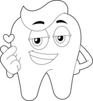 Outlined Smiling Tooth Cartoon Character Giving Heart. Vector Hand Drawn Illustration