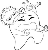 Outlined Tooth Cartoon Character Attacked By Germs. Vector Hand Drawn Illustration
