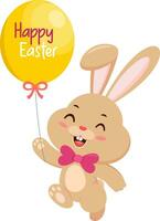 Cute Bunny Rabbit Cartoon Character Running With Balloon And Text Happy Easter. Vector Illustration Flat Design