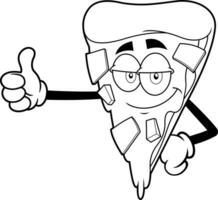 Outlined Smiling Pizza Slice Cartoon Character Giving The Thumbs Up. Vector Hand Drawn Illustration