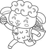 Outlined Cute Little Sheep Cartoon Character Running With A Basket And Egg. Vector Hand Drawn Illustration