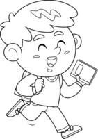 Outlined School Boy Cartoon Character Goes To School With A Backpack And A Textbook vector