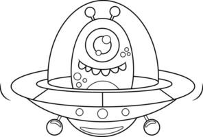 Outlined  Ufo Cute Alien Cartoon Character In A Flying Saucer. Vector Hand Drawn Illustration