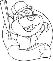 Outlined Cute Squirrel Cartoon Character Swinging A Baseball Bat And Ball. Vector Hand Drawn Illustration