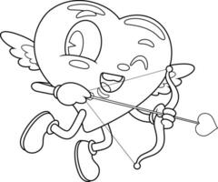 Outlined Cute Heart Cupid Retro Cartoon Character Flying With Bow And Arrow. Vector Hand Drawn Illustration