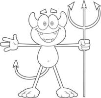 Outlined Happy Little Devil Cartoon Character With Pitchfork. Vector Hand Drawn Illustration