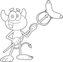 Outlined Cute Little Devil Cartoon Character With Grilled Sausages In Pitchfork. Vector Hand Drawn Illustration