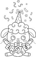 Outlined Cute Little Sheep Cartoon Character With Sign Easter. Vector Hand Drawn Illustration