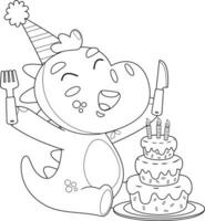 resumido contento dinosaurio dibujos animados personaje es mirando a un cumpleaños pastel con un tenedor y cuchillo vector