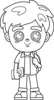 Outlined Happy School Boy Cartoon Character With Backpack And Textbook. Vector Hand Drawn Illustration