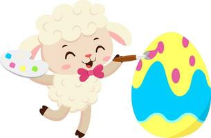 Cute Little Sheep Cartoon Character Painting Colorful Easter Egg. Vector Illustration Flat Design