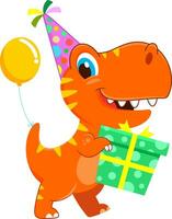 Funny Birthday Dinosaur Cartoon Character With A Party Hat Holding A Gift Box. Vector Illustration Flat Design