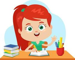 Cute School Girl Cartoon Character Raising Hand In Classroom Sitting At Desk. Vector Illustration Flat Design