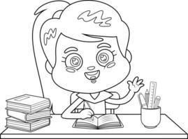 Outlined Cute School Girl Cartoon Character Raising Hand In Classroom Sitting At Desk. Vector Hand Drawn Illustration