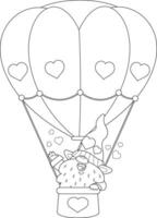 Outlined Cute Valentine Gnome Cartoon Character Flying Heart Air Balloon On Valentine's Day vector