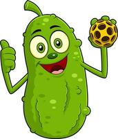 Cute Pickle Cartoon Character Giving A Thumb Up And Holding A Pickleball Ball. Vector Hand Drawn Illustration