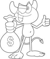 Outlined Winking Little Devil Cartoon Character Holding A Money Bag and Giving The Thumbs Up. Vector Hand Drawn Illustration