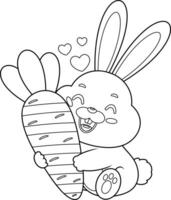 Outlined Cute Bunny Rabbit Cartoon Character Hugging A Carrot. Vector Hand Drawn Illustration