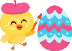 Cute Yellow Chick Cartoon Character Painting Colorful Easter Egg. Vector Illustration Flat Design