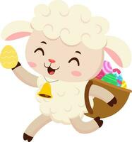 Cute Little Sheep Cartoon Character Running With A Basket And Egg. Vector Illustration Flat Design