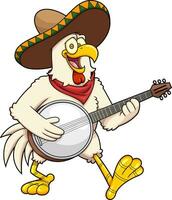 Happy Chicken Rooster Cartoon Character With Sombrero Playing The Banjo And Singing. Vector Hand Drawn Illustration