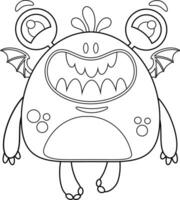 Outlined Cute Smiling Monster Cartoon Character Flying In Sky. Vector Hand Drawn Illustration