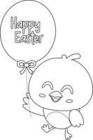 Outlined Cute Chick Cartoon Character Holding Balloon With Text Happy Easter. Vector Hand Drawn Illustration