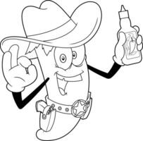 Outlined Hot Chili Pepper Cowboy Cartoon Character Present Best Hot Sauce. Vector Hand Drawn Illustration