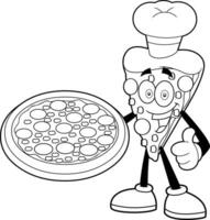 Outlined Chef Pizza Slice Cartoon Character Present The Best Pepperoni Pizza vector