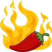 Cartoon Fresh Red Hot Chili Pepper With Flame. Vector Hand Drawn Illustration