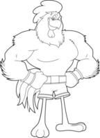 Outlined Brave Rooster Cartoon Character Ready To Fight. Vector Hand Drawn Illustration