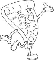Outlined Funny Pizza Slice Retro Cartoon Character Waving. Vector Hand Drawn Illustration