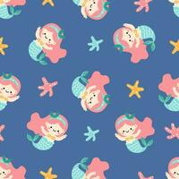 Seamless vector pattern in children's style. Cute mermaid and starfish on blue background