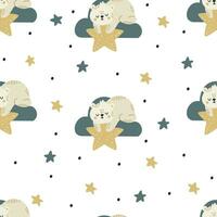 Seamless vector pattern. Cute bear sleeping on a cloud and holding a star. Moon and stars