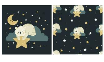 Set of vector templates for printing on children's products. Cute sleeping Bear lying on a cloud and holding a star. Seamless vector pattern with moon and stars