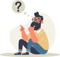 Flat vector illustration. A man is sitting in a pensive pose and thinking over a question.