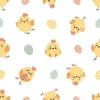 Seamless vector pattern on white background. Cute chicken and Easter eggs