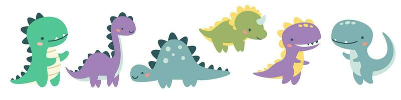 Set of flat vector illustrations in children's style. Cute kind dinosaurs