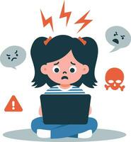 Flat vector illustration. A girl is sitting at her laptop and is afraid. The laptop has forbidden content for children